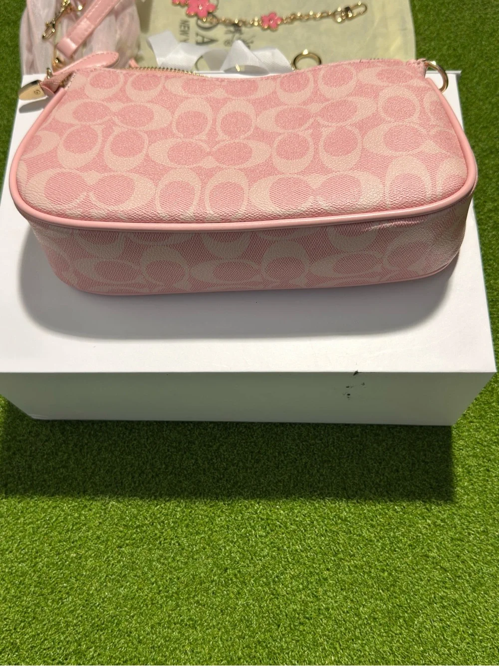 Coach Pink Signature Canvas Wristlet with Floral Charm Chain